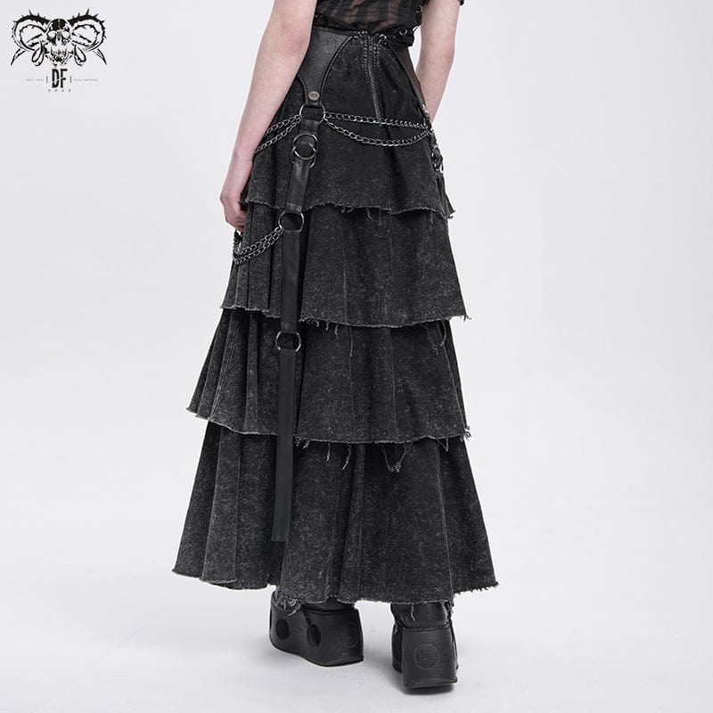 DEVIL FASHION Women's Punk Distressed Layered Lace-up Skirt