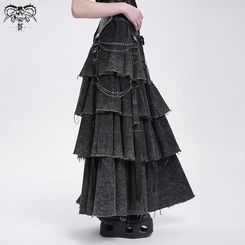 DEVIL FASHION Women's Punk Distressed Layered Lace-up Skirt