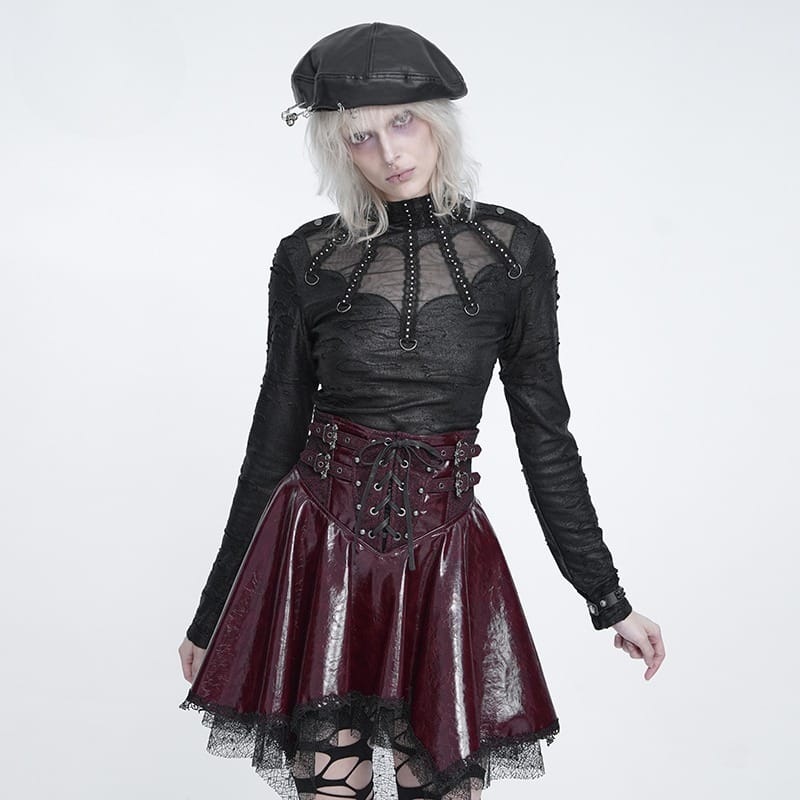 DEVIL FASHION Women's Punk Distressed Mock Neck Long Sleeve Top