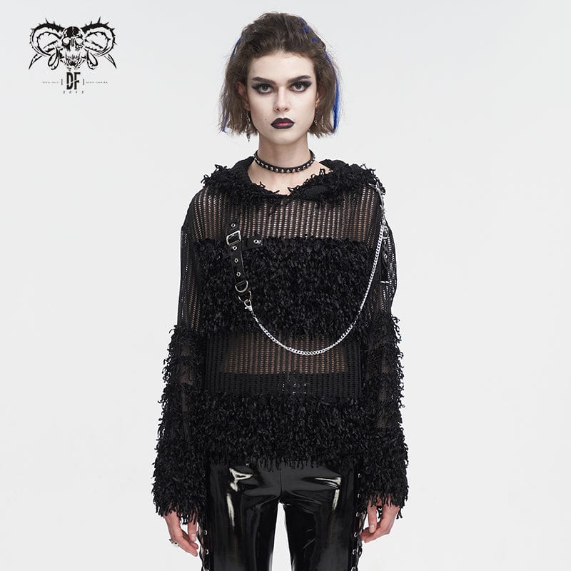 DEVIL FASHION Women's Punk Distressed Sheer Sweater with Hood and Chain