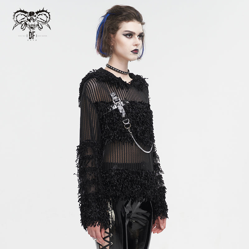 DEVIL FASHION Women's Punk Distressed Sheer Sweater with Hood and Chain