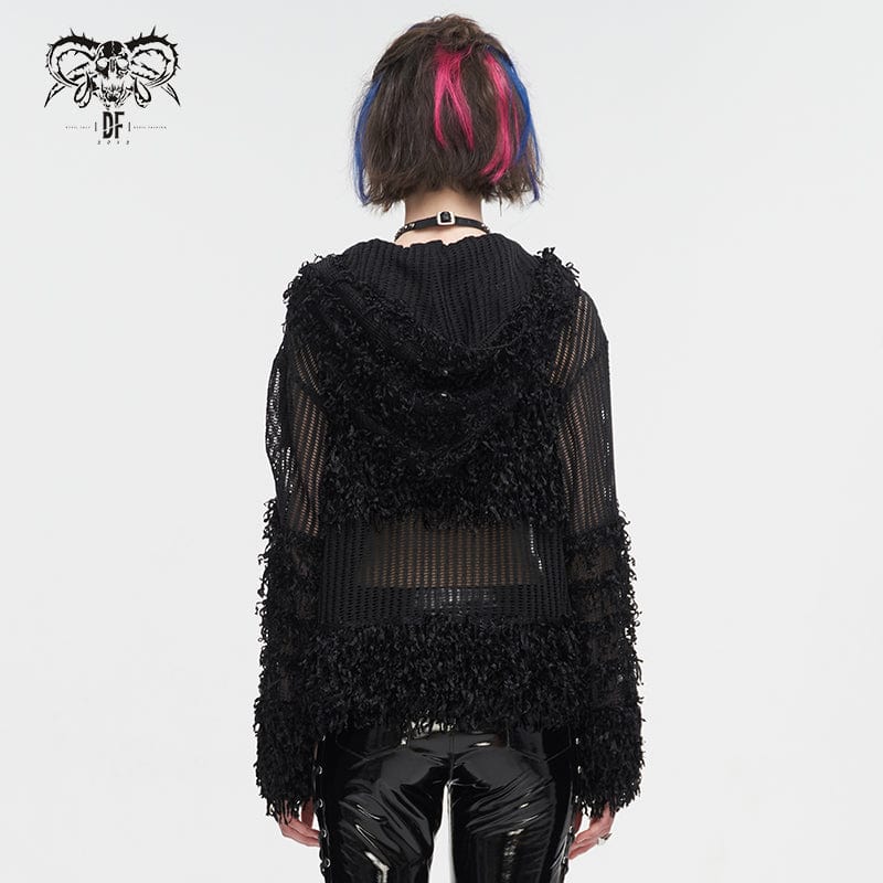 DEVIL FASHION Women's Punk Distressed Sheer Sweater with Hood and Chain