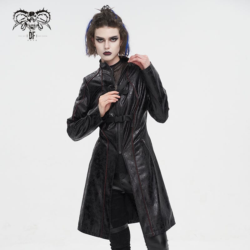 DEVIL FASHION Women's Punk Double-buckle Faux Leather Coat Black