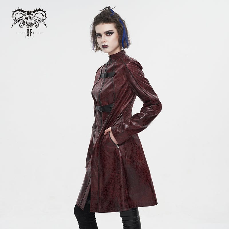 DEVIL FASHION Women's Punk Double-buckle Faux Leather Coat Red