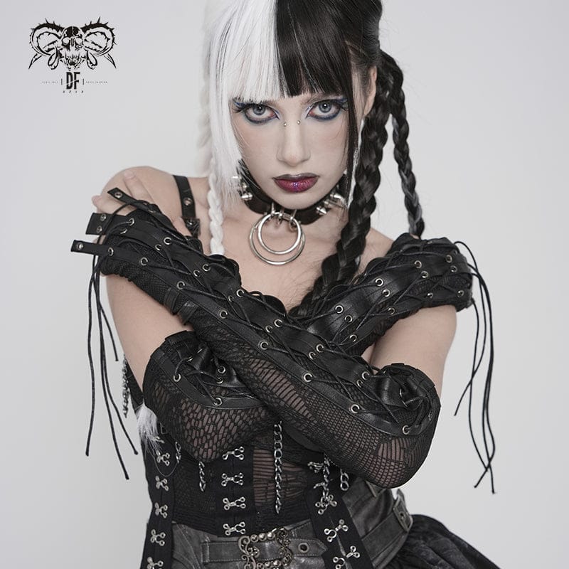 DEVIL FASHION Women's Punk Drawstring Mesh Fingerless Gloves