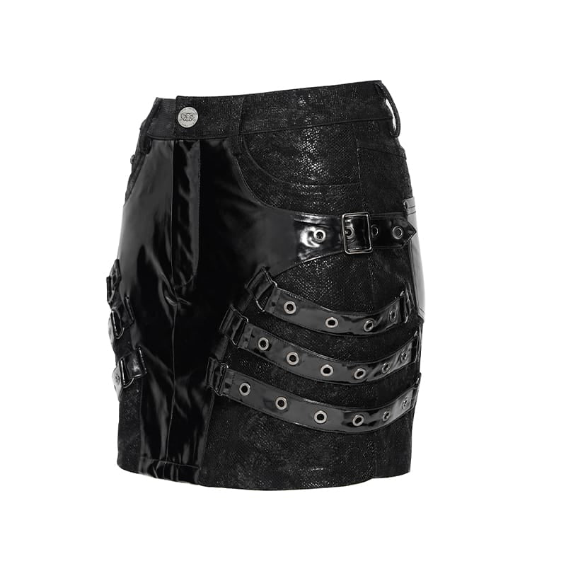 DEVIL FASHION Women's Punk Eyelet Buckle Straps Short Skirt