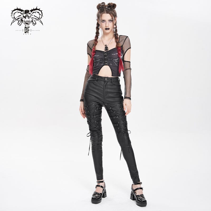 DEVIL FASHION Women's Punk Eyelet Strap Lace-up Pants