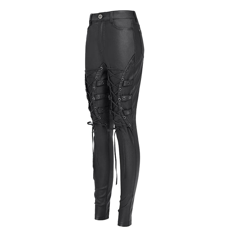 DEVIL FASHION Women's Punk Eyelet Strap Lace-up Pants