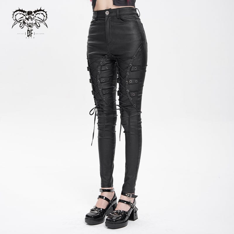 DEVIL FASHION Women's Punk Eyelet Strap Lace-up Pants