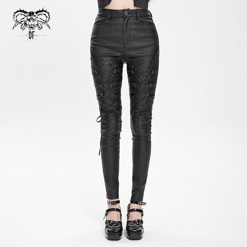 DEVIL FASHION Women's Punk Eyelet Strap Lace-up Pants