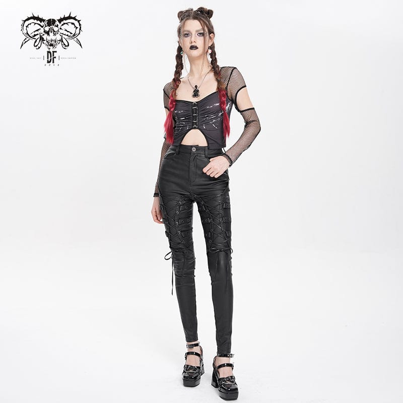 DEVIL FASHION Women's Punk Eyelet Strap Lace-up Pants