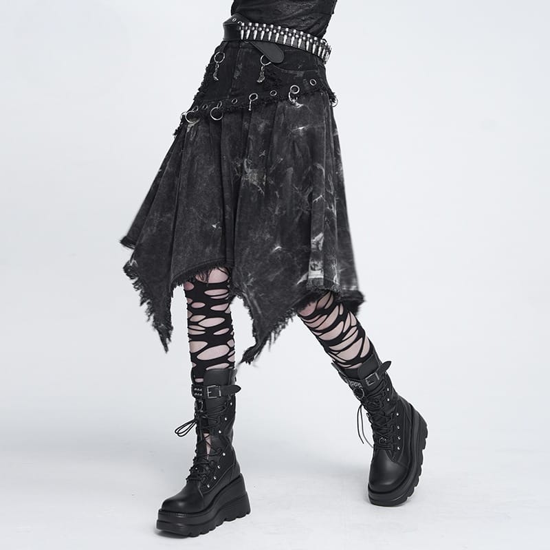 DEVIL FASHION Women's Punk Eyelets Rings Raw Edge Irregular Hem Skirt