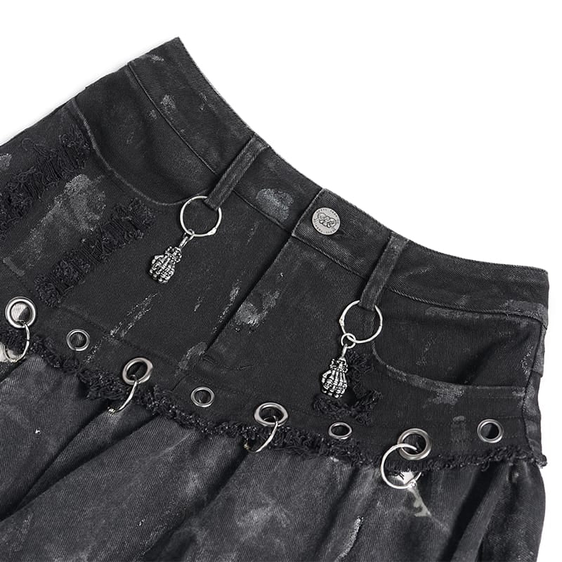 DEVIL FASHION Women's Punk Eyelets Rings Raw Edge Irregular Hem Skirt