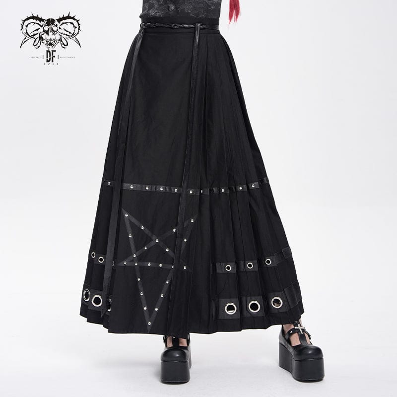 DEVIL FASHION Women's Punk Eyelets Rivets Pentacle Horse-face Skirt
