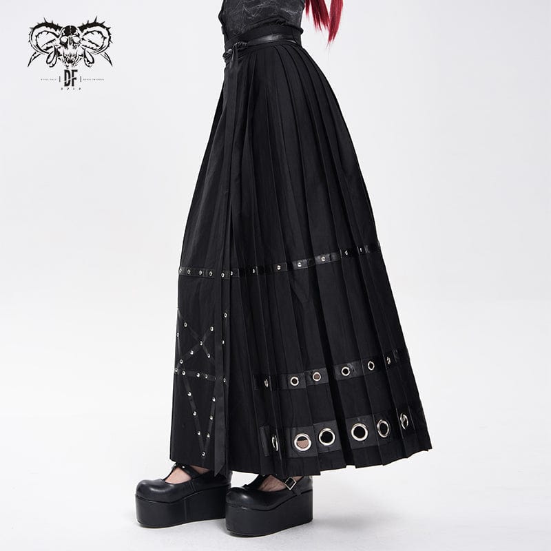 DEVIL FASHION Women's Punk Eyelets Rivets Pentacle Horse-face Skirt