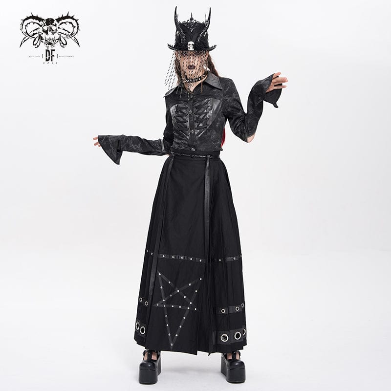 DEVIL FASHION Women's Punk Eyelets Rivets Pentacle Horse-face Skirt