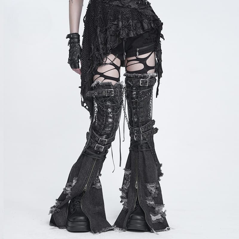 DEVIL FASHION Women's Punk Frayed Raw Edge Ripped Flared Leg Warmers