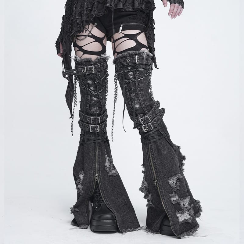 DEVIL FASHION Women's Punk Frayed Raw Edge Ripped Flared Leg Warmers