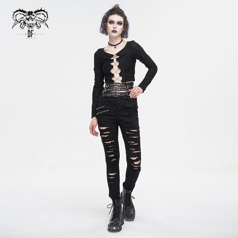 DEVIL FASHION Women's Punk High-waisted Ripped Buckle Pants