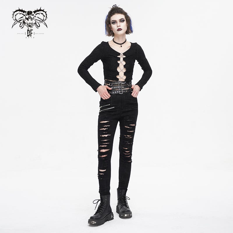 DEVIL FASHION Women's Punk High-waisted Ripped Buckle Pants