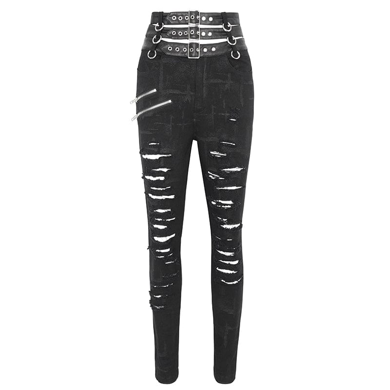 DEVIL FASHION Women's Punk High-waisted Ripped Buckle Pants
