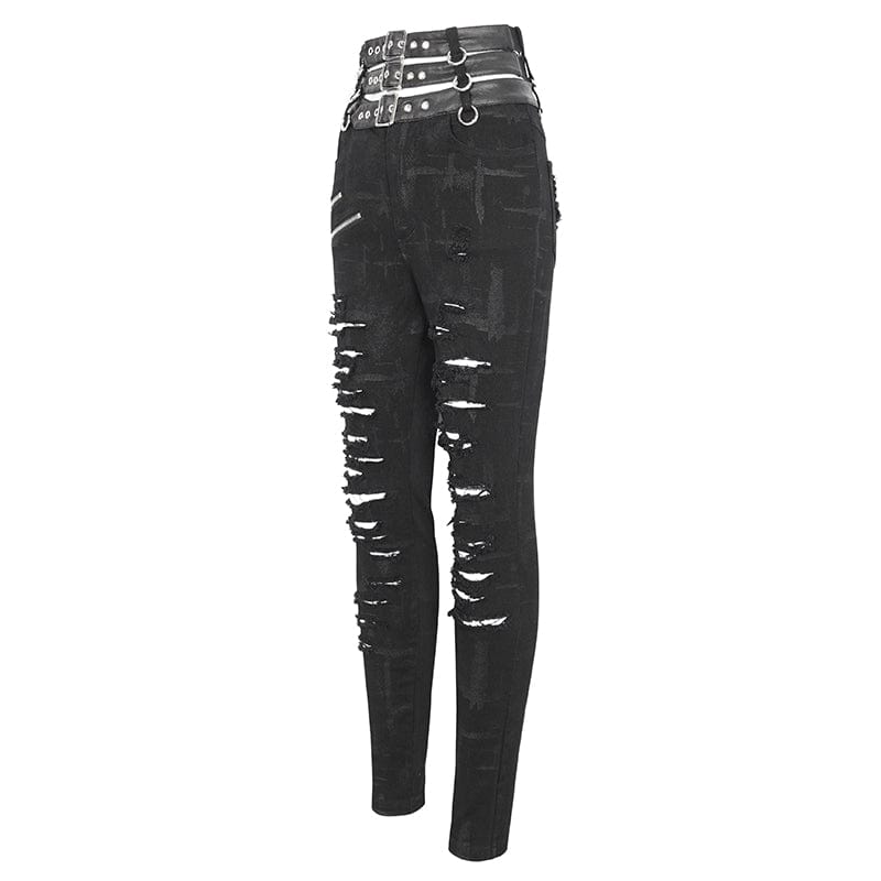 DEVIL FASHION Women's Punk High-waisted Ripped Buckle Pants