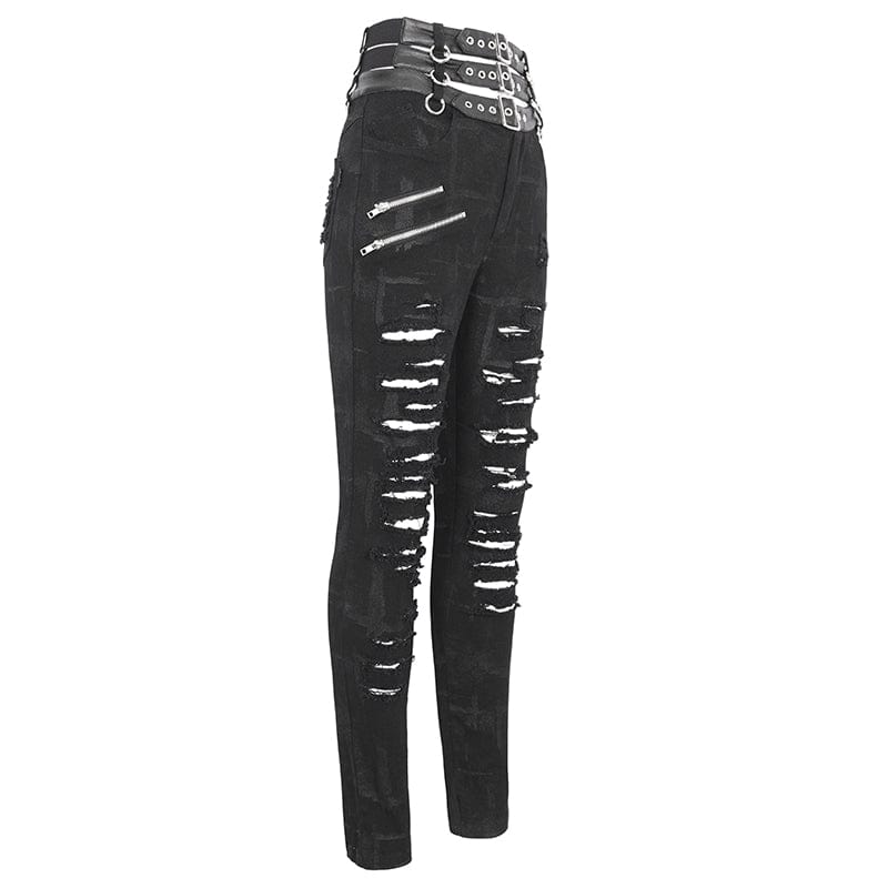 DEVIL FASHION Women's Punk High-waisted Ripped Buckle Pants