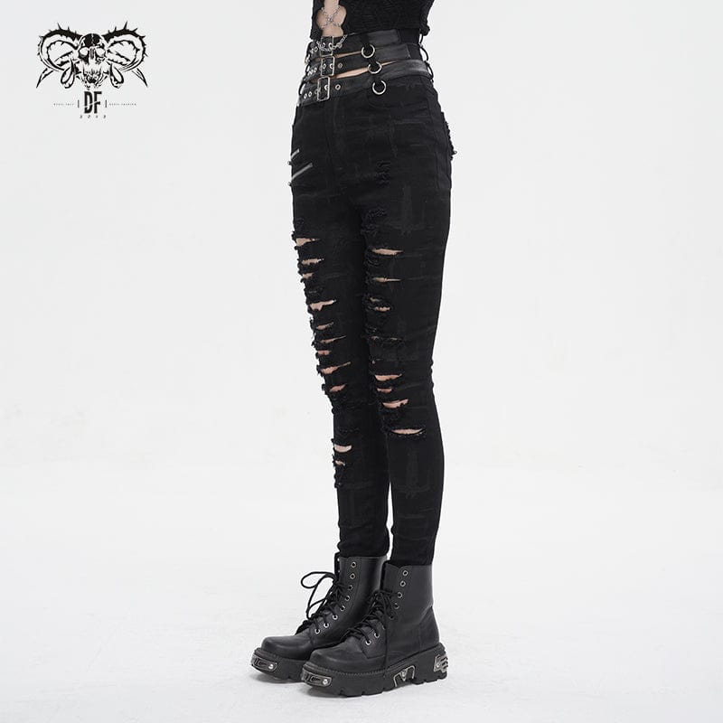 DEVIL FASHION Women's Punk High-waisted Ripped Buckle Pants