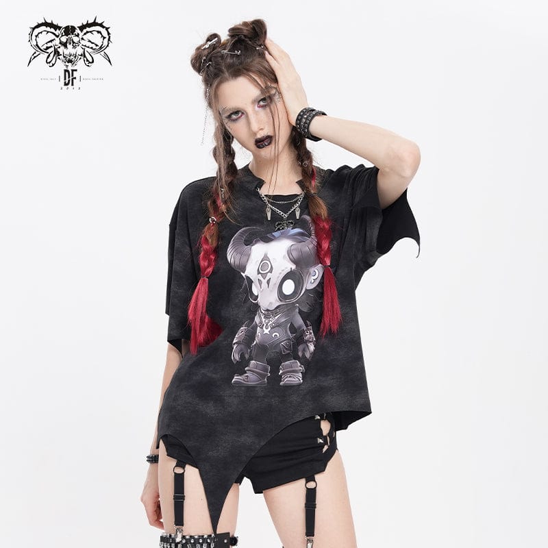 DEVIL FASHION Women's Punk Hitt Printed Irregular T-shirt