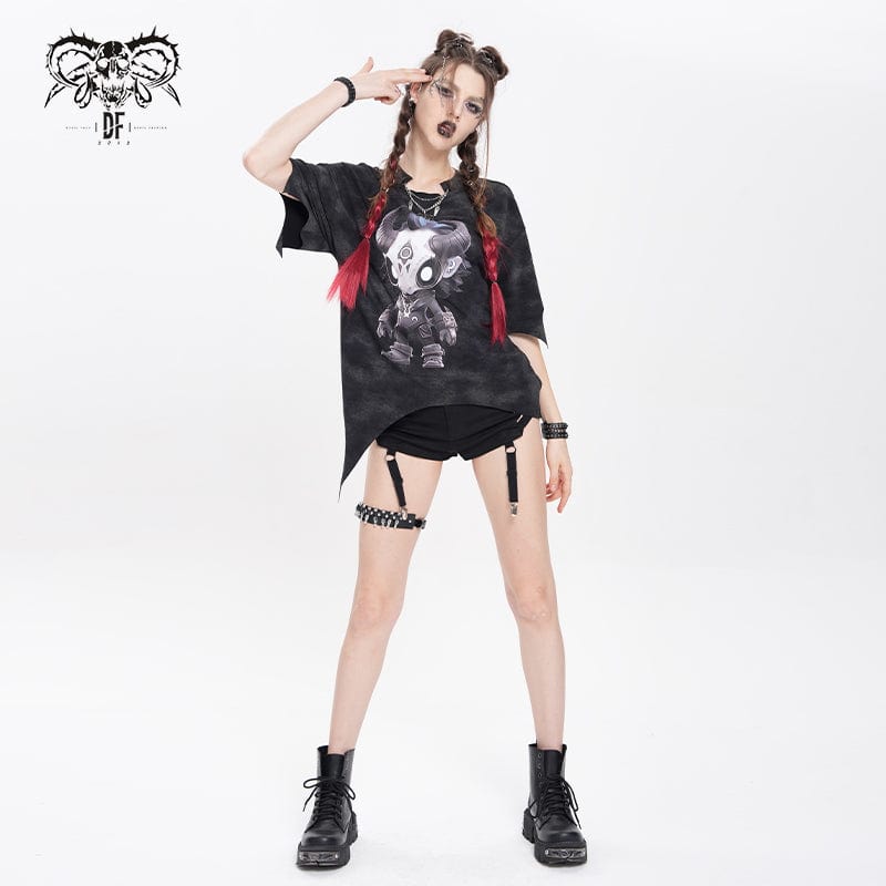 DEVIL FASHION Women's Punk Hitt Printed Irregular T-shirt