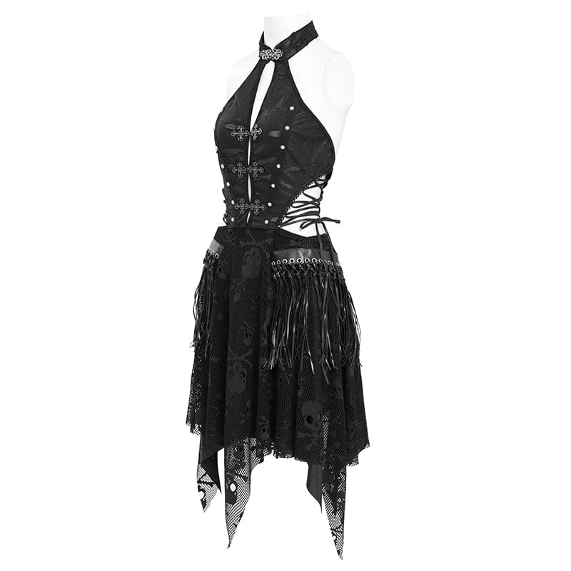 DEVIL FASHION Women's Punk Irregular Frog Skull Halterneck Party Dress