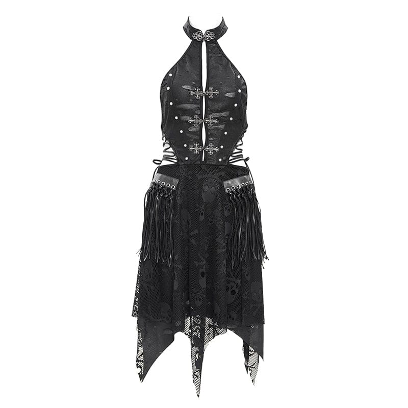 DEVIL FASHION Women's Punk Irregular Frog Skull Halterneck Party Dress