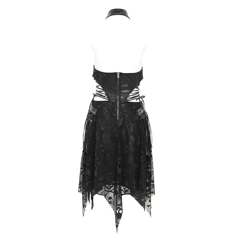 DEVIL FASHION Women's Punk Irregular Frog Skull Halterneck Party Dress
