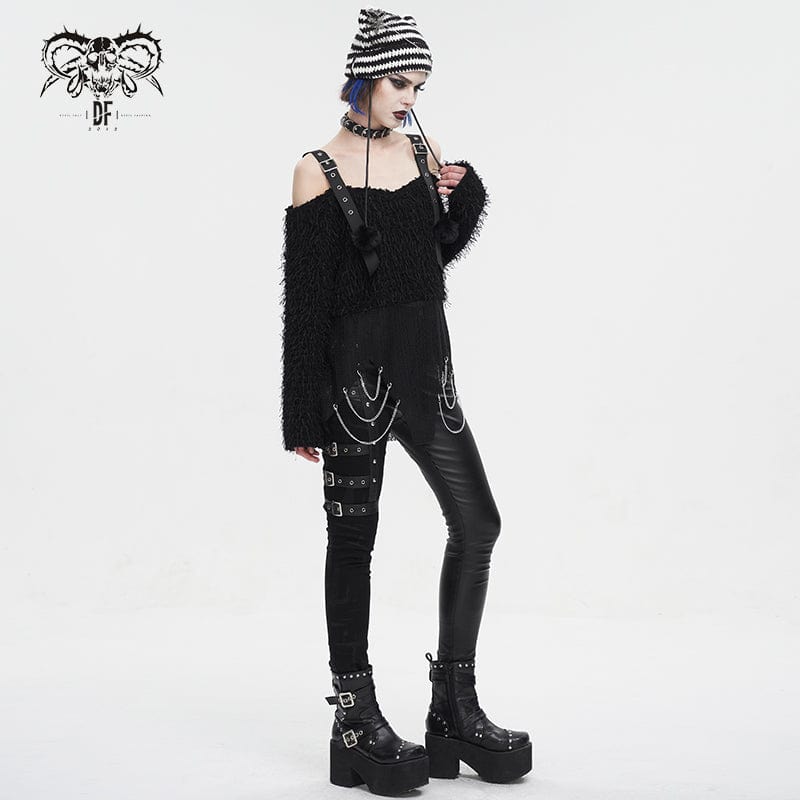 DEVIL FASHION Women's Punk Irregular Off Shoulder Fluffy Sweater
