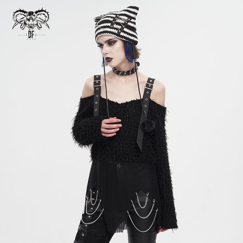 DEVIL FASHION Women's Punk Irregular Off Shoulder Fluffy Sweater