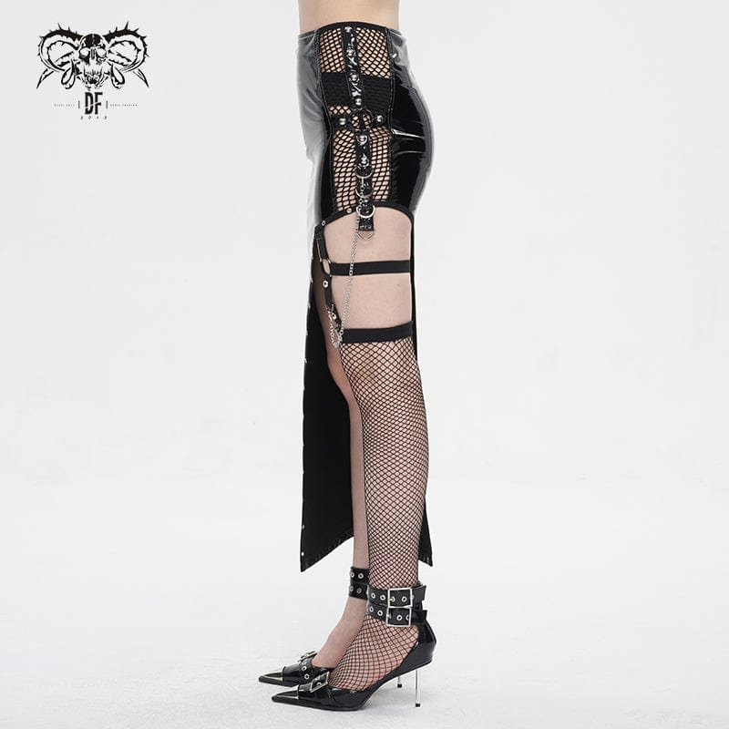 DEVIL FASHION Women's Punk Irregular Patent Leather Skirt with Mesh Stocking