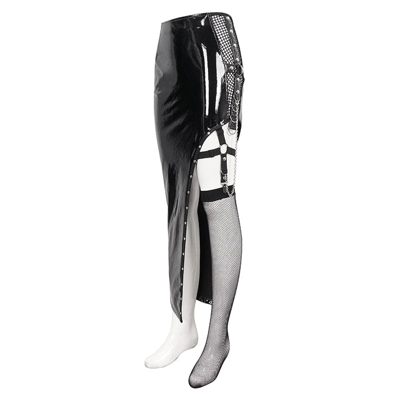 DEVIL FASHION Women's Punk Irregular Patent Leather Skirt with Mesh Stocking