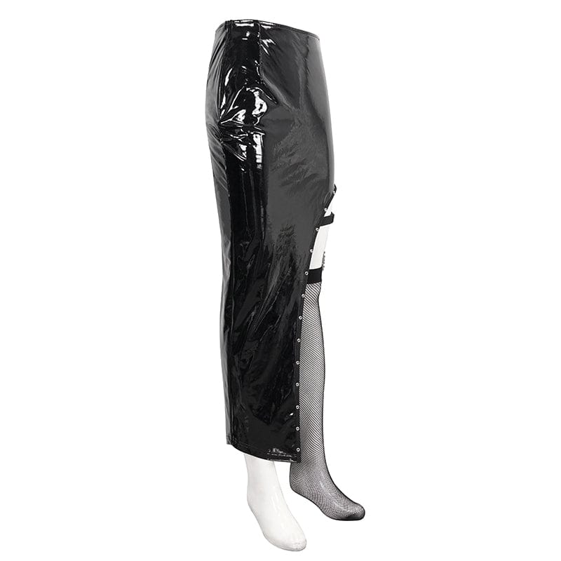 DEVIL FASHION Women's Punk Irregular Patent Leather Skirt with Mesh Stocking