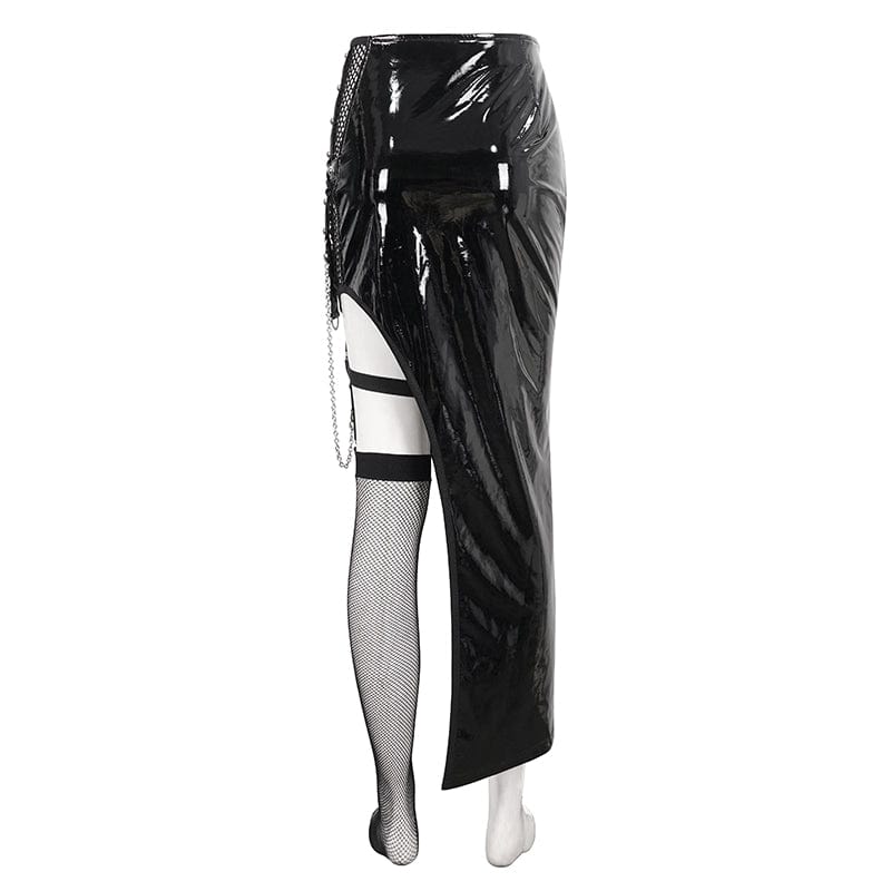 DEVIL FASHION Women's Punk Irregular Patent Leather Skirt with Mesh Stocking