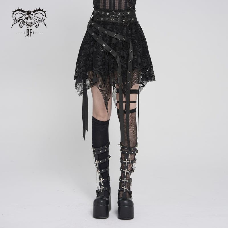 DEVIL FASHION Women's Punk Irregular Skull Eyelet Straps Mesh Skirt Black