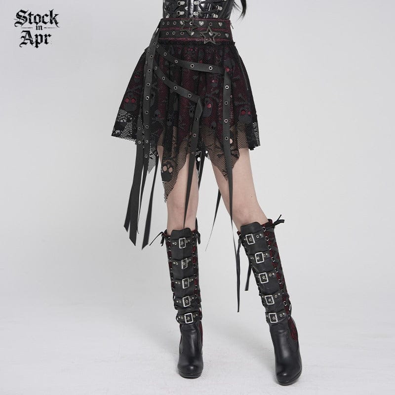 DEVIL FASHION Women's Punk Irregular Skull Eyelet Straps Mesh Skirt Black-Red