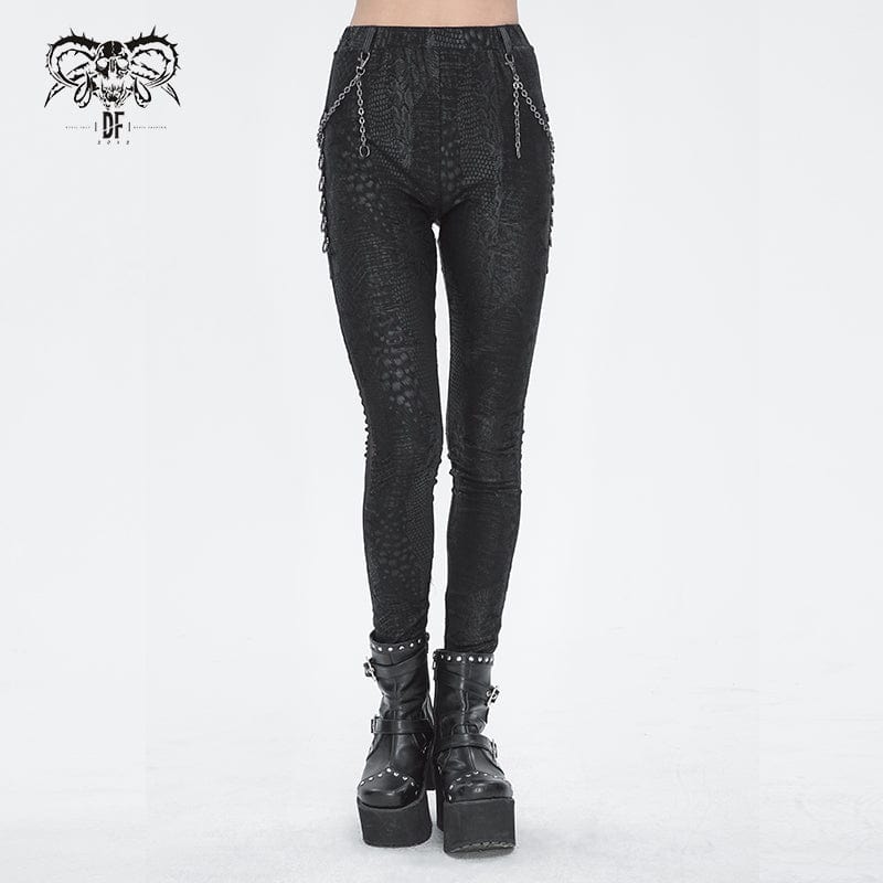 DEVIL FASHION Women's Punk Jacquard Chain Ring Sides Leggings