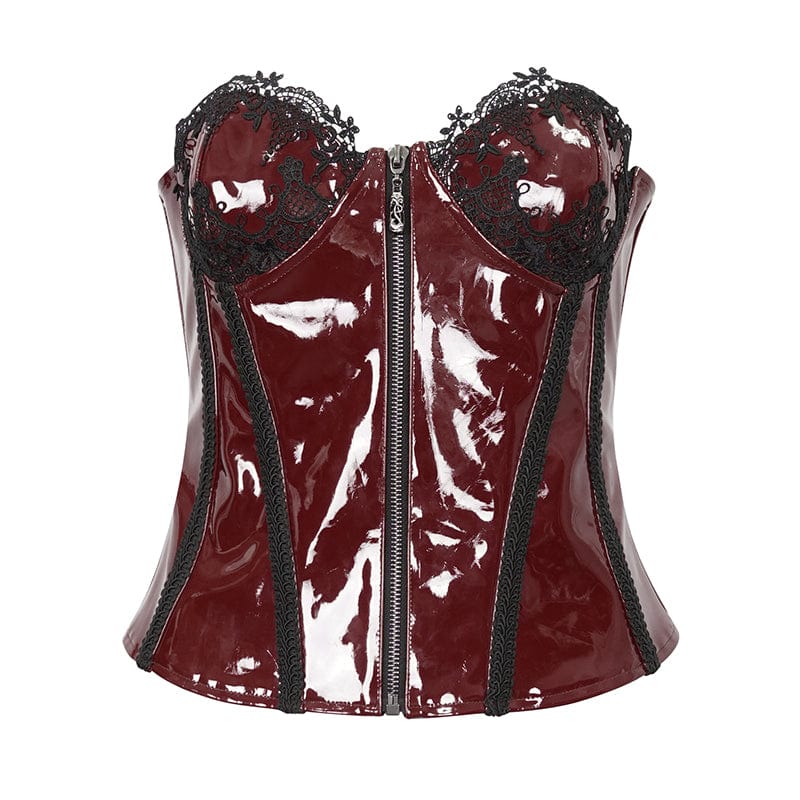 DEVIL FASHION Women's Punk Lace Splice Patent Leather Overbust Corset Red
