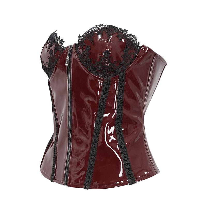 DEVIL FASHION Women's Punk Lace Splice Patent Leather Overbust Corset Red