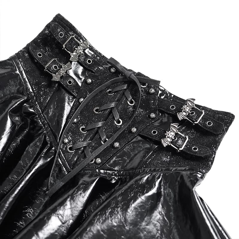 DEVIL FASHION Women's Punk Lace-up Bat Buckle Straps Asymmetric Skirt Black