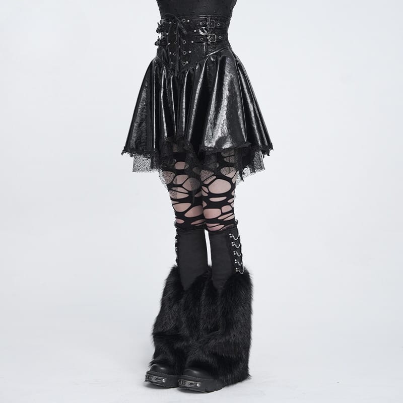 DEVIL FASHION Women's Punk Lace-up Bat Buckle Straps Asymmetric Skirt Black