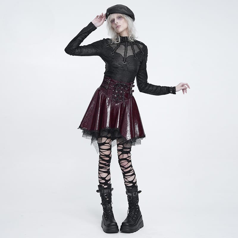 DEVIL FASHION Women's Punk Lace-up Bat Buckle Straps Asymmetric Skirt Red