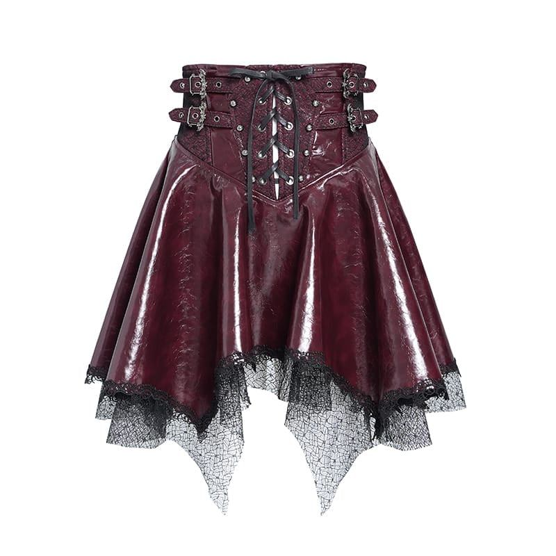 DEVIL FASHION Women's Punk Lace-up Bat Buckle Straps Asymmetric Skirt Red