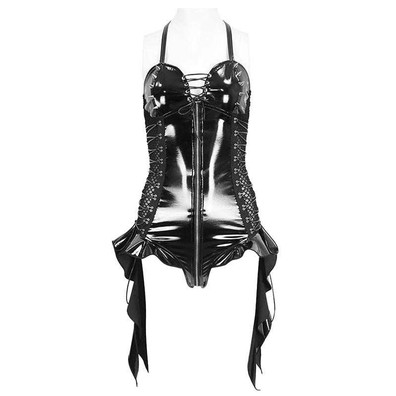 DEVIL FASHION Women's Punk Lace-Up Stud Ruffled Bodysuit