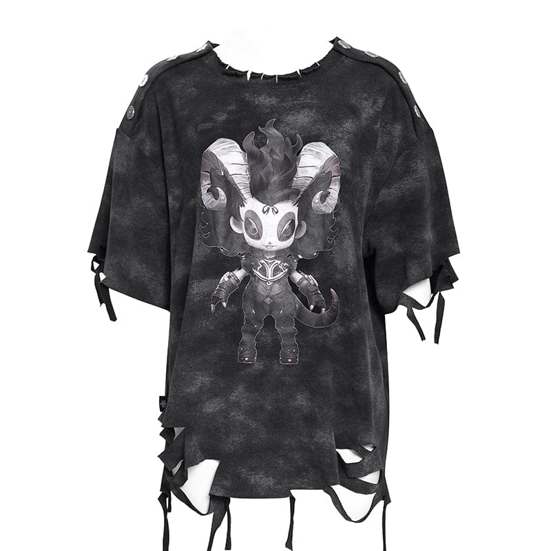 DEVIL FASHION Women's Punk Lilimar Printed Ripped T-shirt